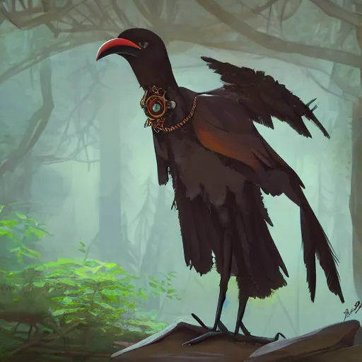 Image similar to concept art painting of an anthropomorphic crow person with steampunk clothes, in the deep forest, realistic, detailed, cel shaded, in the style of makoto shinkai and greg rutkowski and james gurney