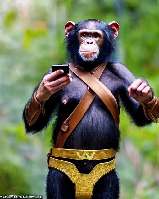 Prompt: A chimpanzee wearing a Wonder Woman outfit, holds a smart phone, photographed in the style of National Geographic, hyperreal