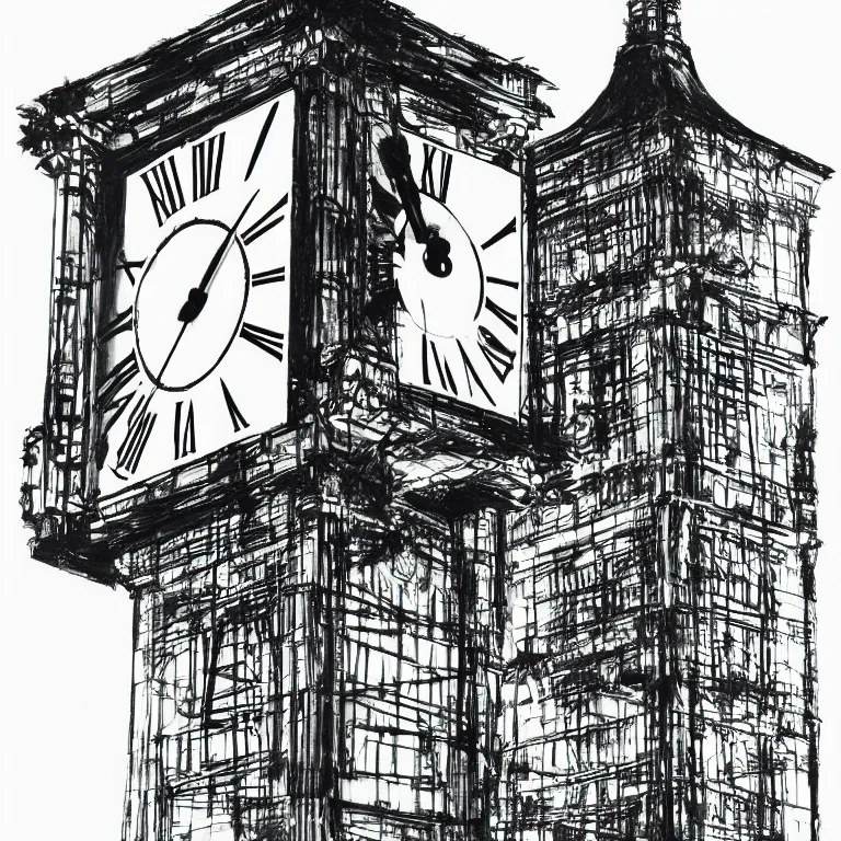 Image similar to a black and white drawing of a clock tower, a screenprint by robert rauschenberg, behance contest winner, deconstructivism, da vinci, constructivism, greeble