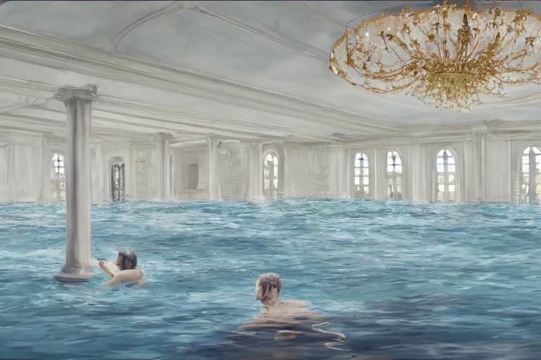 Prompt: flooded ballroom, underwater view, wide shot, cinematic, realistic painting, very detailed