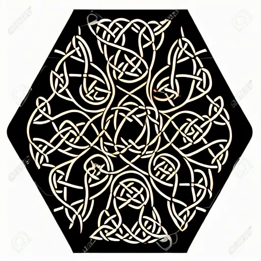 Image similar to ornate psychedelic twisting three dimensional celtic pattern vortex inside a hexagonal box, intricate detail, complex