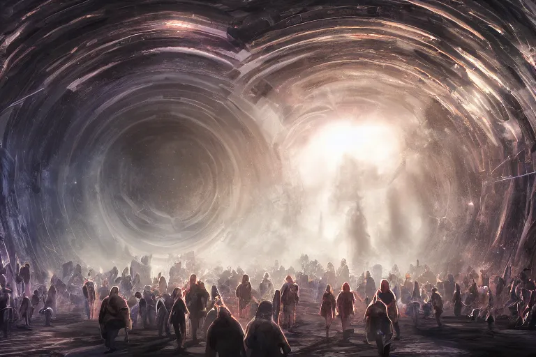 Image similar to a line of people entering a huge dimensional portal, digital painting, mixed media, trending on artstation and deviantart, epic composition, highly detailed, 8 k