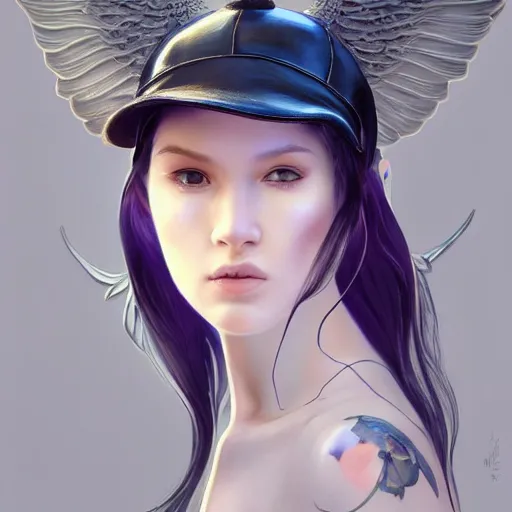 Image similar to A masterpiece portrait of a Incredibly beautiful angel queer girl with piercing and tatoo in leather nun hat. Incredible light. light night, artstation Masterpiece. Angel. Angel wings. light cute blush on face. medium shot, intricate, elegant, highly detailed. trending on artstation, digital art, by Stanley Artgerm Lau, WLOP, Rossdraws, James Jean, Andrei Riabovitchev, Marc Simonetti, Yoshitaka Amano. background by James Jean and Gustav Klimt, light by Julie Bell, 4k, porcelain skin. Octane render. epic dark fantasy.