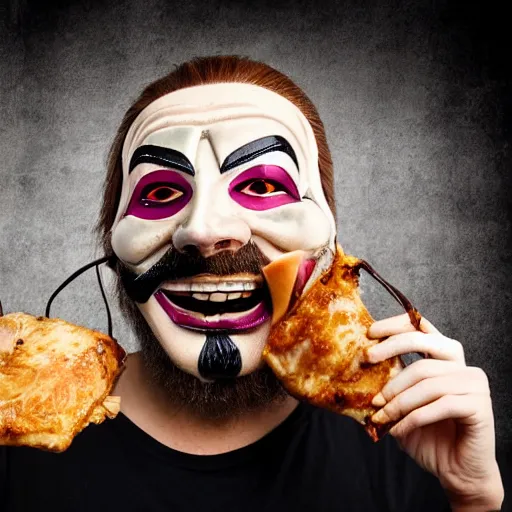 Image similar to man with guy fawkes mask eating pork - chop