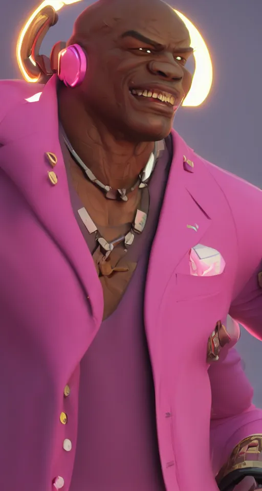 Image similar to doomfist, pink blazer, overwatch game, digital art, high detailed, artstation, 3 d render