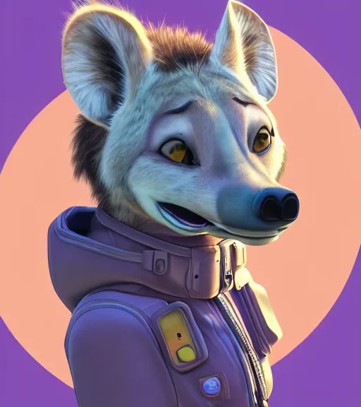 Prompt: digital detailed portrait of anthromorphic female hyena, in style of zootopia, fursona, furry, furaffinity, 4 k, deviantart, wearing astronaut outfit, in style of disney zootopia, floating in space, space background, in deep space, dark background, hyena fursona, cyberpunk, female, detailed face, style of artgerm,