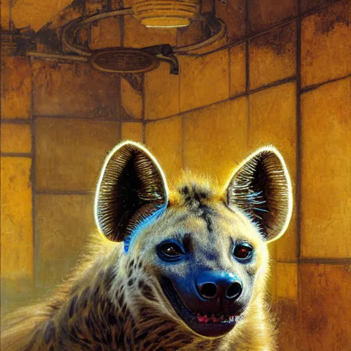 Prompt: portrait of a male hyena in a public bath. shadowrun furaffiniy cyberpunk fantasy highly detailed painting by gaston bussiere craig mullins jc leyendecker gustav klimt artgerm greg rutkowski john berkey, bergey, craig mullins, ruan jia, raymond swanland, jeremy mann, tom lovell, alex malveda