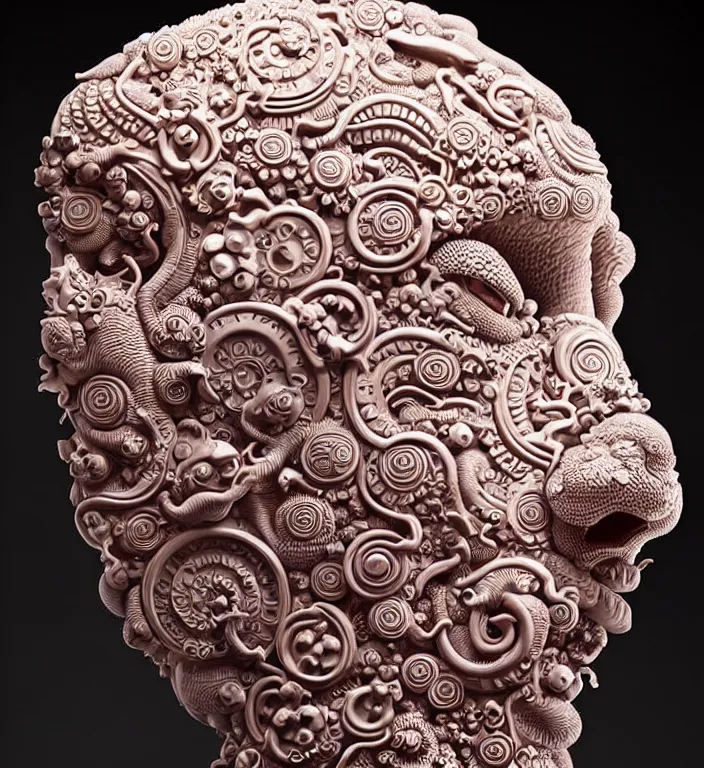 Image similar to Monster, A Close up photo-real delicate ceramic porcelain sculpture of a symmetrical ornate detailed in front of an intricate background by Victo Ngai and takato yamamoto, micro detail, backlit lighting, face in focus, subsurface scattering, translucent, thin porcelain, octane renderer, colorful, physically based rendering, japanese pottery, trending on cgsociety