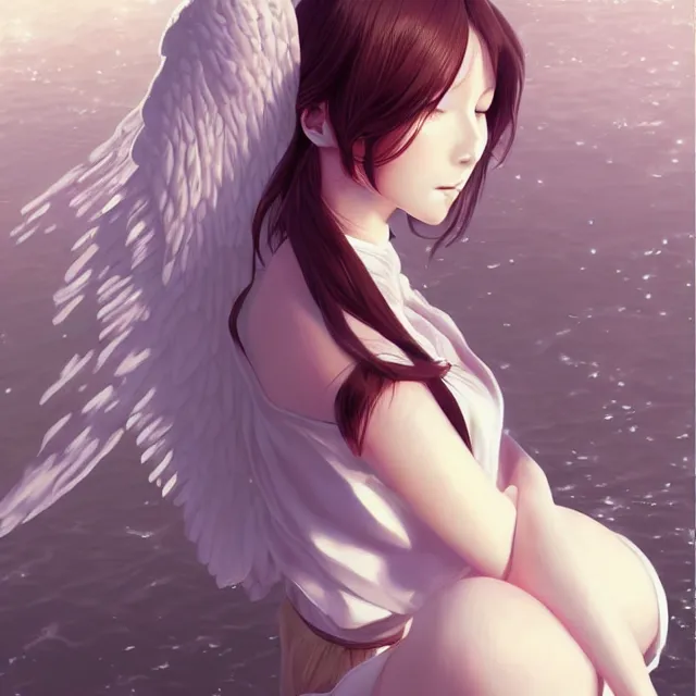 Image similar to infinitely detailed full - body portrait pale female peaceful dream angel wearing elegant clothes. beautiful! scenery art! by wlop & murata range, by ilya kuvshinov. artstation!! / pixiv!!