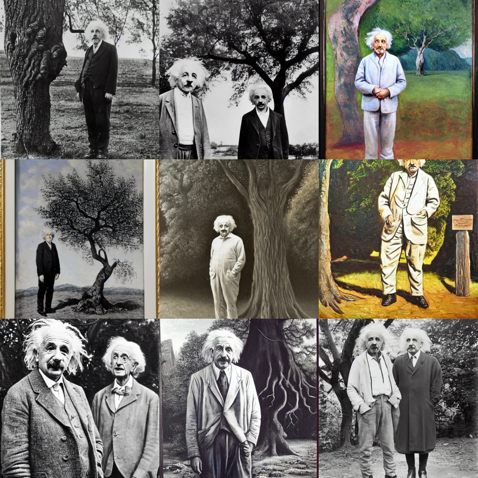 Prompt: albert einstein standing next to isaac newton, oil painting, tree in the background