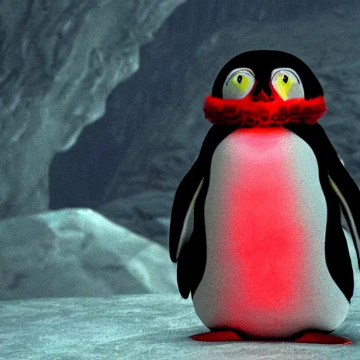 Prompt: penguin with red glowing eyes standing in front of minas morgul