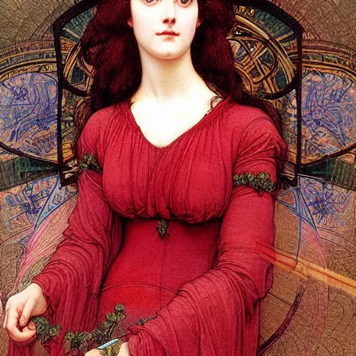 Prompt: Symmetric Pre-Raphaelite painting of a beautiful woman with dark hair in a silk dark red dress, surrounded by a halo frame of dark flowers and a highly detailed mathematical drawings of neural networks and geometry by Doré and Mucha, by John William Waterhouse, Pre-Raphaelite painting