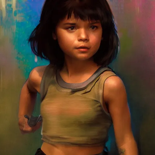 Image similar to dora the explorer, hyperrealistic full figure, bladerunner street alley, art of elysium by frank frazetta and by jeremy mann and by alphonse mucha, fantasy art, photo realistic, dynamic lighting, artstation, full figure poster, volumetric lighting, very detailed face, 4 k, award winning