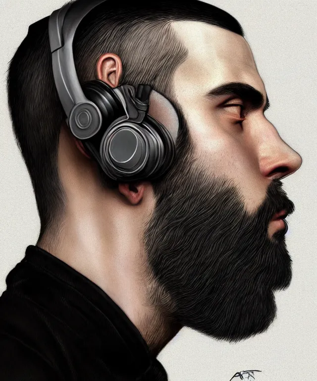 Image similar to Portrait of a male DJ, western european origin, side or front profile, sci-fi, dark eyes, face, shaved head, beard, Headphones, fantasy, LSD Dream Emulator, intricate, rugged, backlit, highly detailed, digital painting, artstation, concept art, smooth, sharp focus, illustration, art by artgerm and greg rutkowski and alphonse mucha