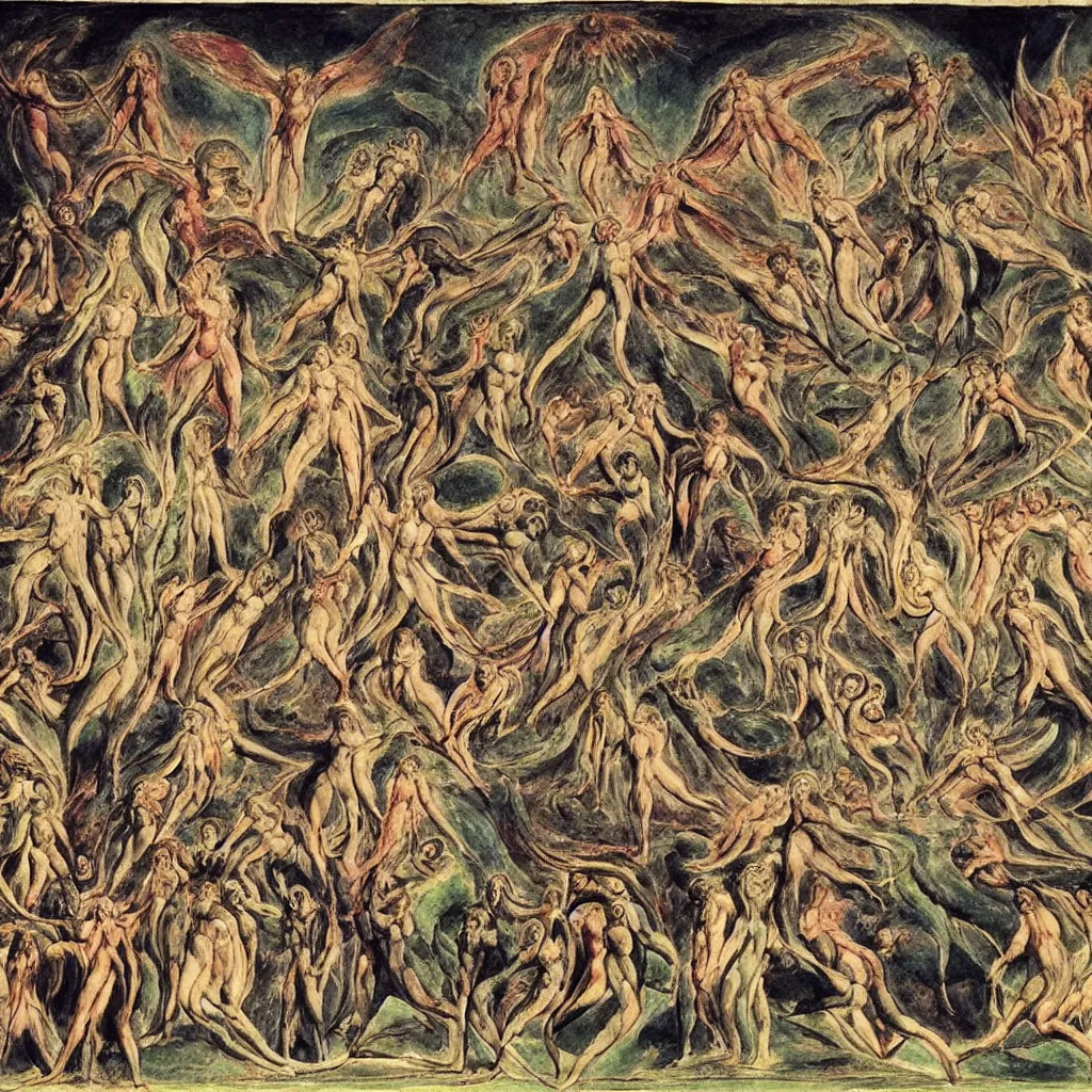 Image similar to apocalyptic rave party with demons and angels dancing, painted by william blake but with a certain psychedelic style, psychdelic and cosmic art