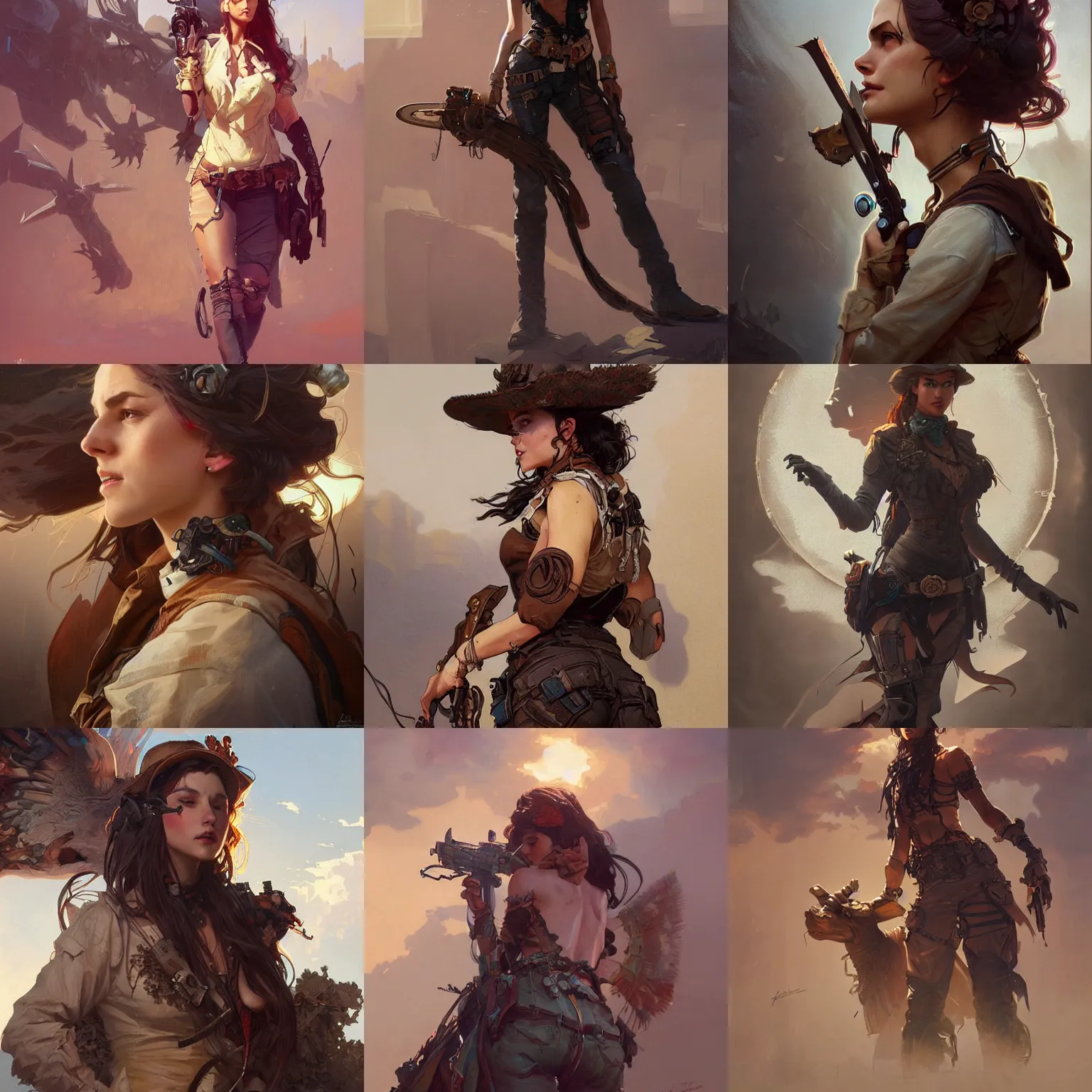 Prompt: post - apocalyptic cowgirl, intricate, elegant, highly detailed, digital painting, artstation, concept art, matte, sharp focus, illustration, art by artgerm and greg rutkowski and alphonse mucha