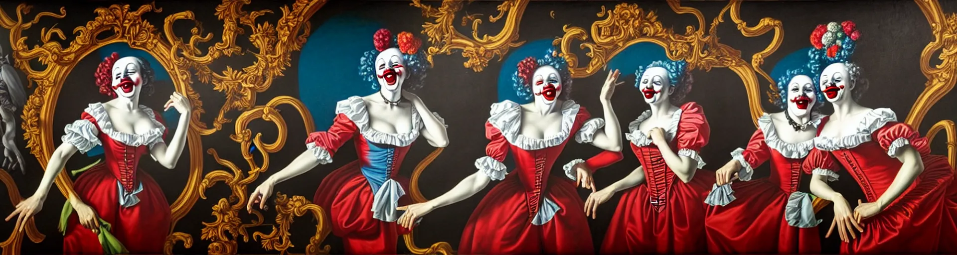 Image similar to a clownish, triumphant, and ultradetailed mural, depicting a hundred unique framed hyperrealist rococo vampire portraits