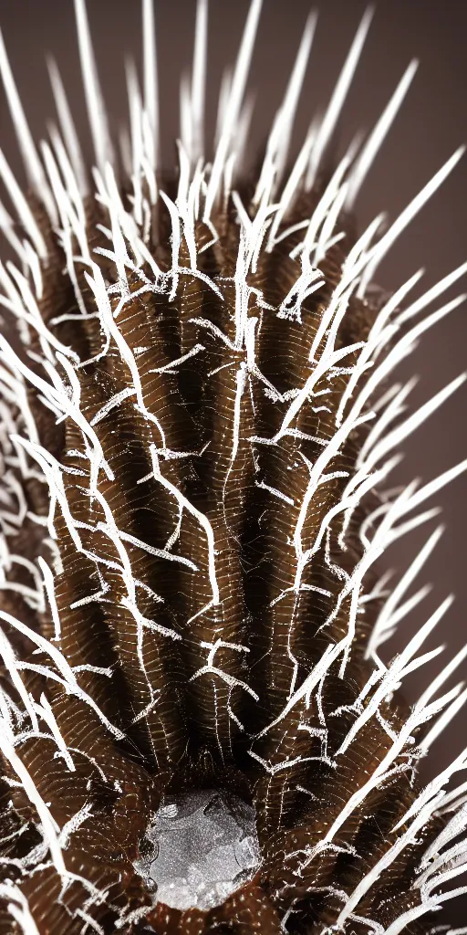 Prompt: professional photo shot of a scutigera cactus made of silica crystal spikes, melted with rocks in the background, microscopic picture, droplets of water, grimy, gritty, trending on artstation, award winning, close shot, by aleks labuda and barry webb