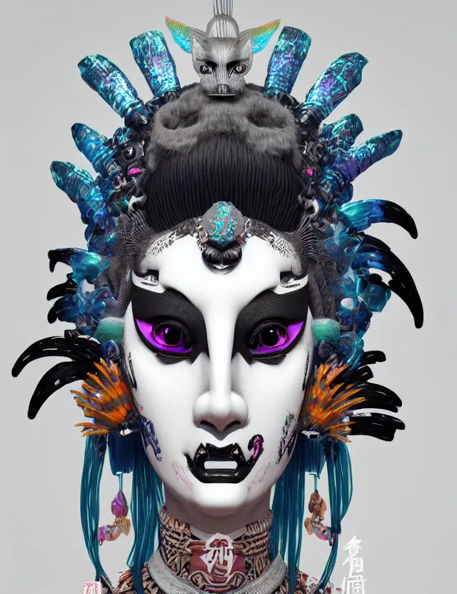 Image similar to 3 d goddess close - up profile portrait punk with mohawk with ram skull. beautiful intricately detailed japanese crow kitsune mask and clasical japanese kimono. betta fish, jellyfish phoenix, bio luminescent, plasma, ice, water, wind, creature, artwork by tooth wu and wlop and beeple and greg rutkowski