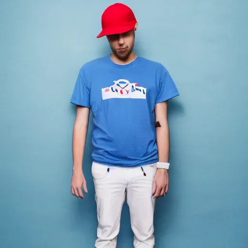 Image similar to a full body shot of an average white, short young - adult man with blue dyed hair, wearing a red backwards cap, white t - shirt with a red no symbol on it, blue long pants and red shoes, holding a microphone, photoshoot, grey background