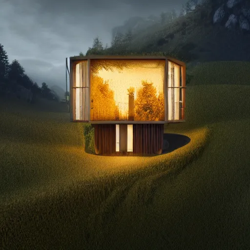 Image similar to small hillside house made of honey, modern lighting, hyper - realistic, hyper - detailed, 8 k, octane rendered, art nouveau, organic, flowing, impossible torsion, writhing, lush, dynamic