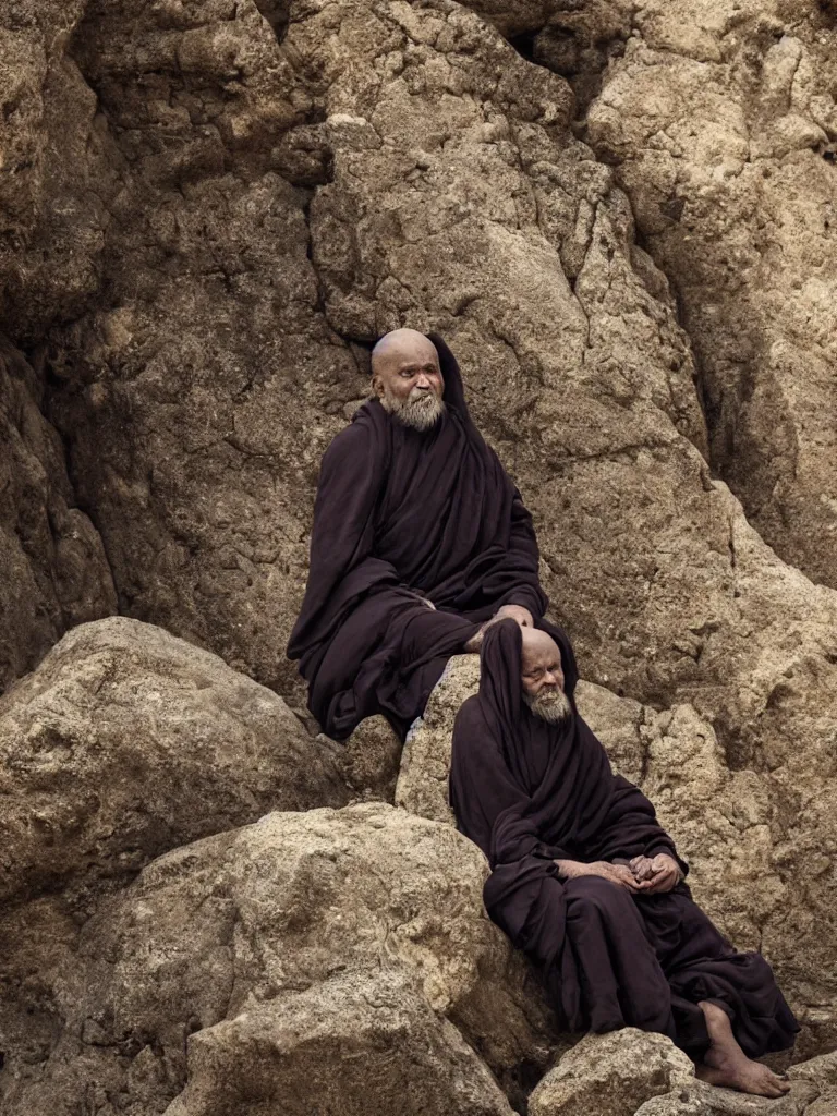 Image similar to hyperdetailed full length portrait of an ancient old monk sitting in contemplation on a singular rock, closed eyes, sharp small focus on the highly detailed monk face, minimalistic scenery, by ridley scott, cinematic light, 4k , diviant art