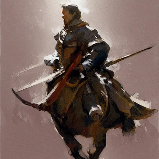 Prompt: portrait of rider wearing gambeson holding bow, detailed by greg manchess, craig mullins, bernie fuchs, walter everett, low angle