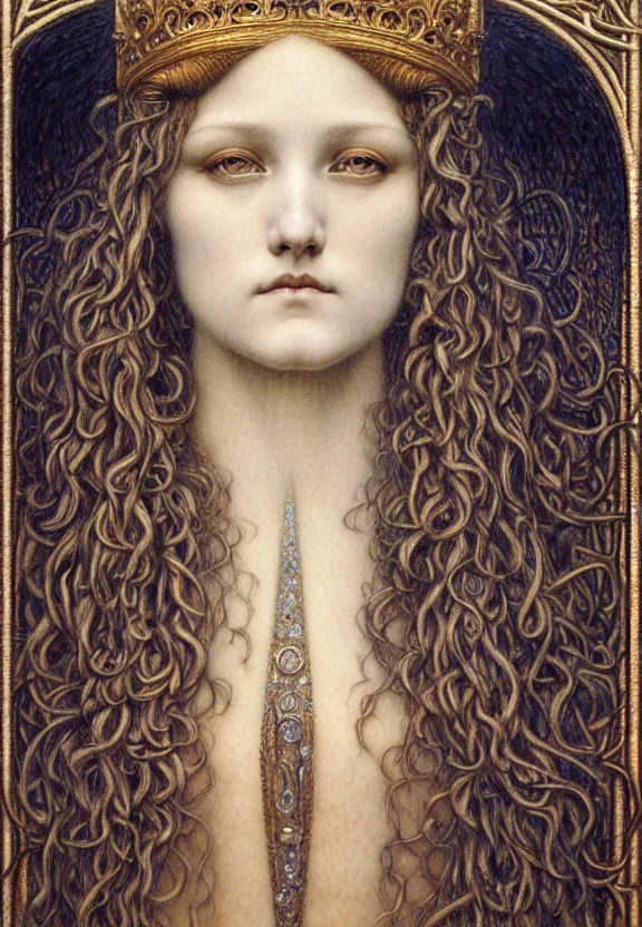 Image similar to detailed realistic beautiful young medieval queen face portrait by jean delville, gustave dore and marco mazzoni, art nouveau, symbolist, visionary, gothic, pre - raphaelite. horizontal symmetry