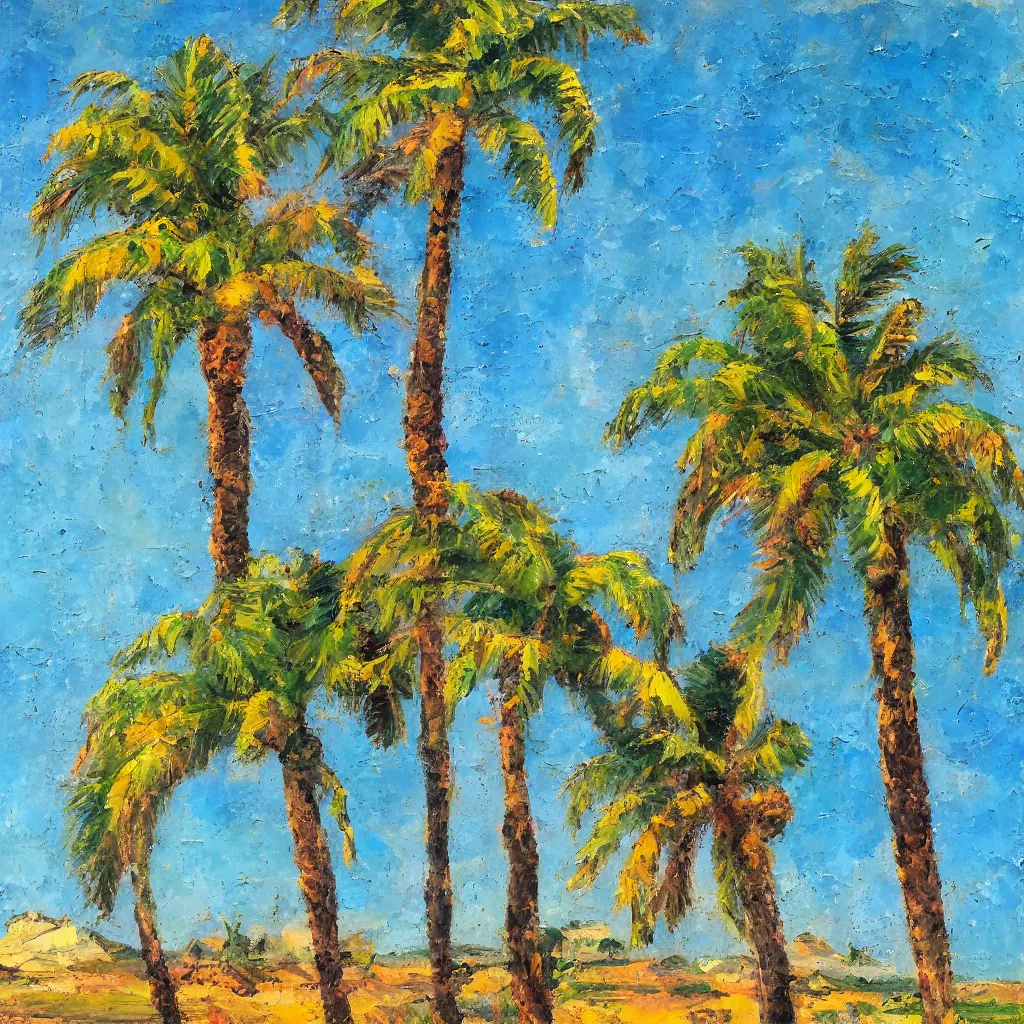 Prompt: a palm tree painted in the style of the old masters, painterly, thick heavy impasto, expressive impressionist style, painted with a palette knife