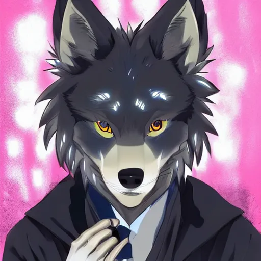 Image similar to key anime visual portrait of an anthropomorphic anthro wolf fursona, in a jacket, with handsome eyes, official modern anime art