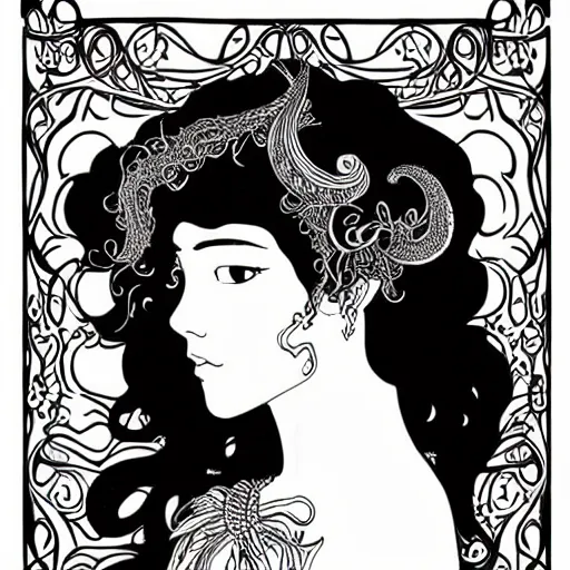 Image similar to filigree detailed illustration of a profile of gypsy girl with long curly hair and big goat horns, aubrey beardsley, tomer hanuka, makoto shinkai