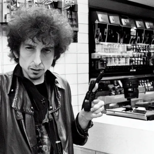 Image similar to bob dylan pointing a gun at a convenience store cashier, security camera footage