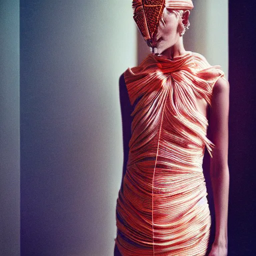 Prompt: Fashion photography of a woman wearing a Gucci dress made in 2200, futuristic, artistic photography, insanely detailed, chiaroscuro, cinestill 800t, Vogue magazine