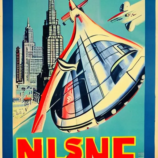 Prompt: 1950s movie poster of a large spaceship attaching Halifax Nova Scotia