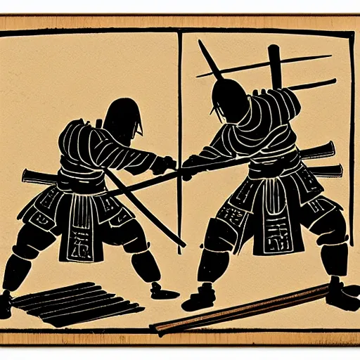 Image similar to two samurai battle each other, wood block painting style, outline style, hand drawn style, circa 1 5 0 0 s, history, scretch, dust, grain, noise, on wood