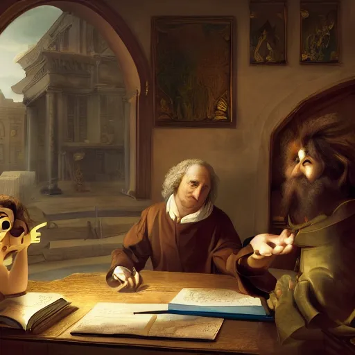 Image similar to isaac newton and leibniz fighting over calculus, detailed, centered, digital painting, artstation, concept art, in the style of a pixar film, breathtaking, 8 k resolution, extremely detailed, beautiful, establishing shot, artistic, hyperrealistic, octane render, cinematic lighting, dramatic lighting,