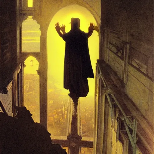 Image similar to A frightened young, thin and stern catholic priest in his thirties fervently praying as he is about to die from the ominous terrifying Lovecraftian yellow shadow descending upon him from the night sky. He is at the top of a medieval tower. Low angle, dramatic lighting. Art by Greg Rutkowski and Alphonse Mucha but as a photograph