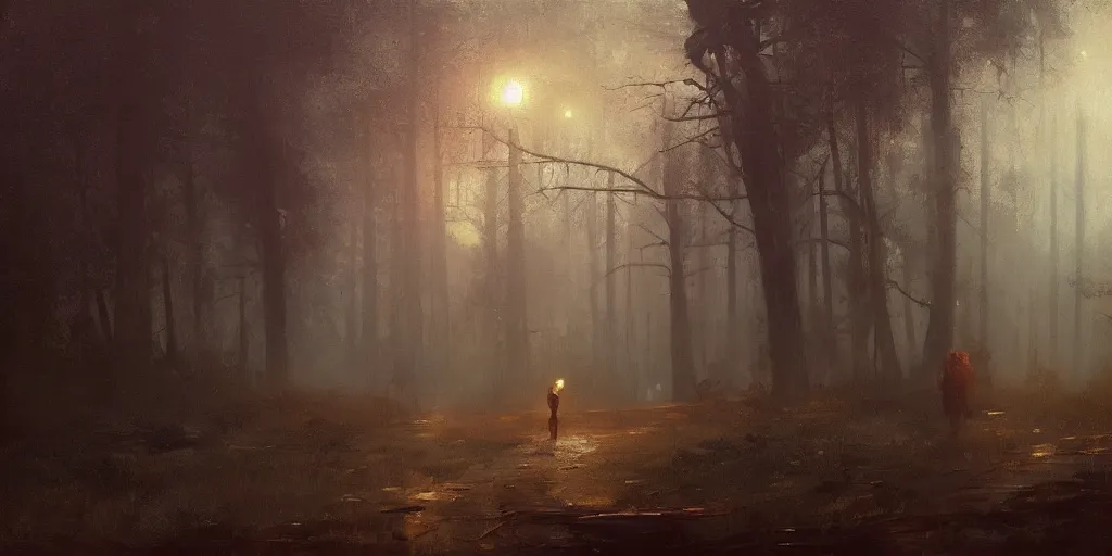 Image similar to an old house with red light on from the windows during the night in a forest, a men stand up in front of the house, mystical fog, oil on canvas, details, a desert road next to the house, illustration, art by andreas achenbach and alena aenami