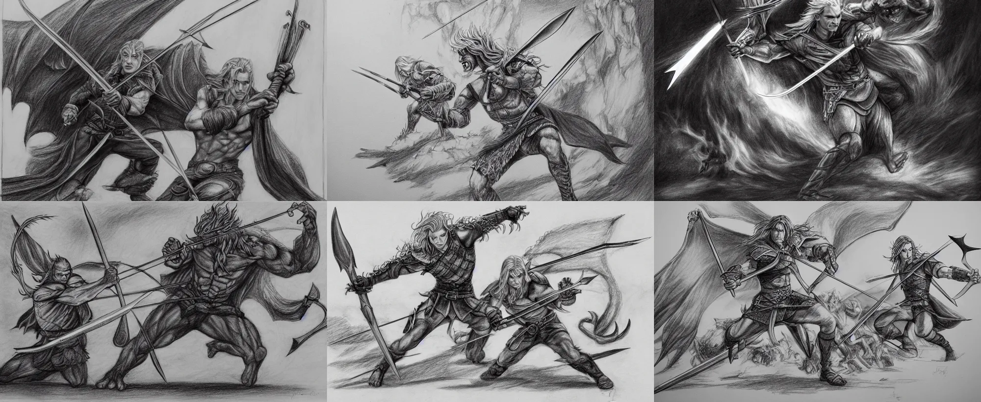 Prompt: ''Pencil drawing of Legolas fighting a Balrog, mine, arc, arrow, monster, dark''