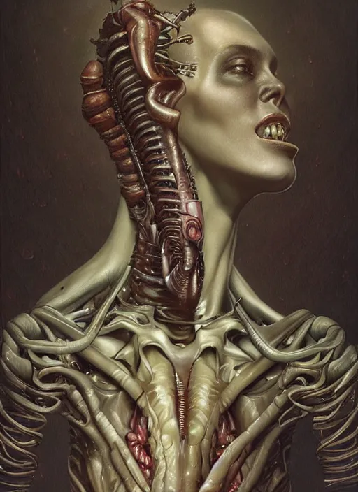 Prompt: a hyper detailed upper body portrait of ellen ripley hybrid xenomorph, by tom bagshaw, by zdzisław beksinski, trending on artstation
