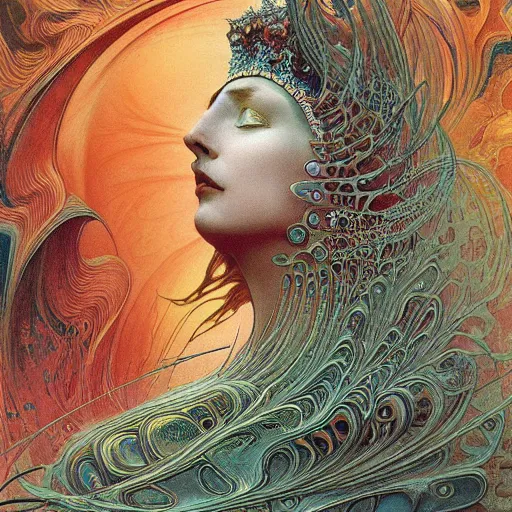 Image similar to queen of jupiter by zdzisław beksinski, zaha hadid and alphonse mucha. highly detailed, hyper - real, beautiful, fractal details, complex