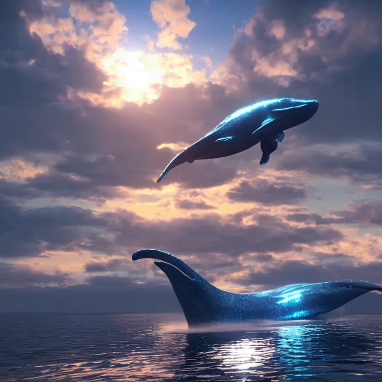 Prompt: vfx shot by weta digital and industrial light and magic ilm, a stunning beautiful glowing blue whale made out of shiny reflective silver metallic chrome flying in the sky through fluffy giant sunset clouds, octane render, cinema 4 d, ray traced lighting, very short depth of field, bokeh