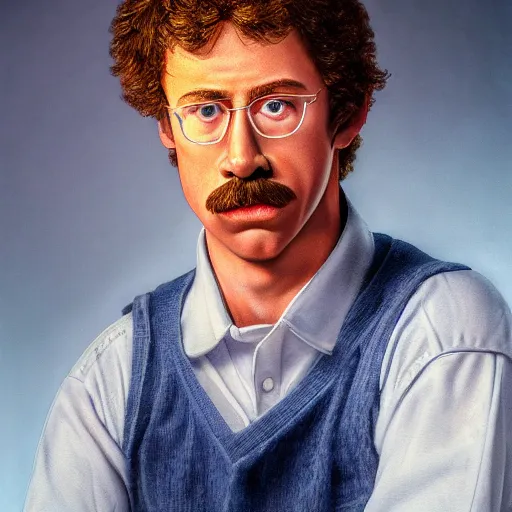 Prompt: film still photo portrait of the lovechild of napoleon dynamite and tom selleck, realistic, hyperrealistic, 8 k resolution, hd quality, very detailed, highly detailed, intricate details, real life, real world, trending on artstation, digital art, really realistic, very realistic, headshot, head in frame, photograph, portrait