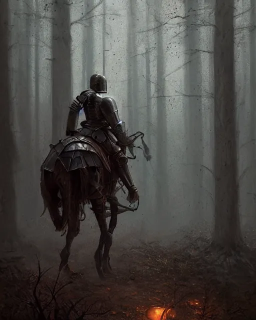 Prompt: Hyper realistic painting of a knight in full plate armor that has completely turned to rust, hyper detailed, surrounded by a dark forest, fog, moody, creepy, cinematic lighting, by greg rutkowski, trending on artstation