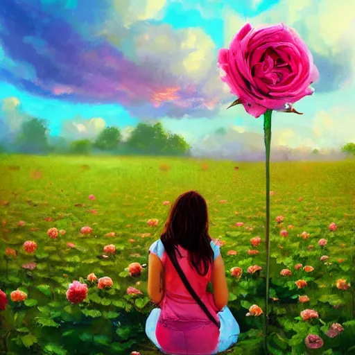 Image similar to giant rose flower head, full body girl sitting in a flower field, surreal photography, sunrise, dramatic light, impressionist painting, colorful clouds, digital painting, artstation, simon stalenhag