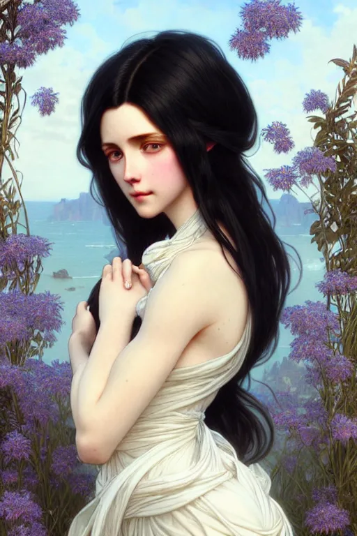 Image similar to ultra realistic, Beautiful black haired woman, Porcelain white complexion, big blue eyes, wearing dress blowing in the wind, detailed background, intricate details, highly detailed, octane render, 8k, art by artgerm and alphonse mucha and greg rutkowski