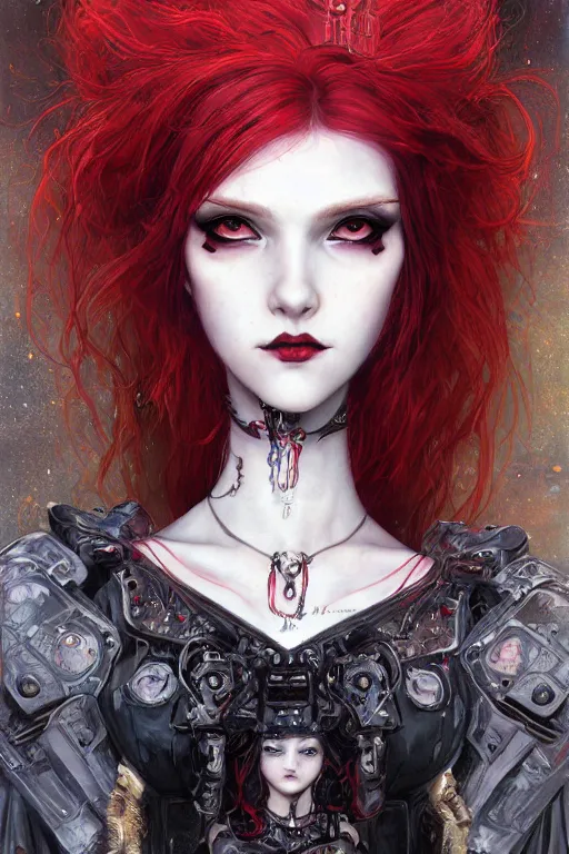 Image similar to portrait of cute beautiful young goth maiden, red hairs, cyberpunk, Warhammer 40000, gothic, highly detailed, artstation, illustration, art by Gustav Klimt and Range Murata