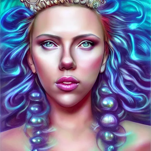 Prompt: “Scarlett Johansson portrait, fantasy, mermaid, cartoon, pearls, glowing hair, shells, gills, crown, water, highlights, starfish, goddess jewelry, realistic, digital art, pastel, magic, fiction, ocean, game, Queen, colorful hair, glowy eyes”