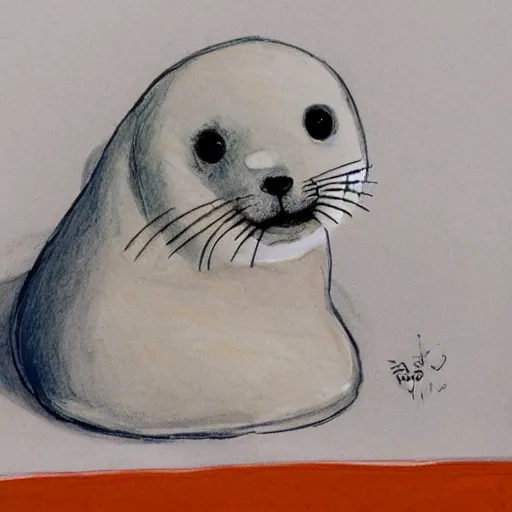 Image similar to a baby harp seal in an orange prisoner jumpsuit at the witness stand, courtroom sketch