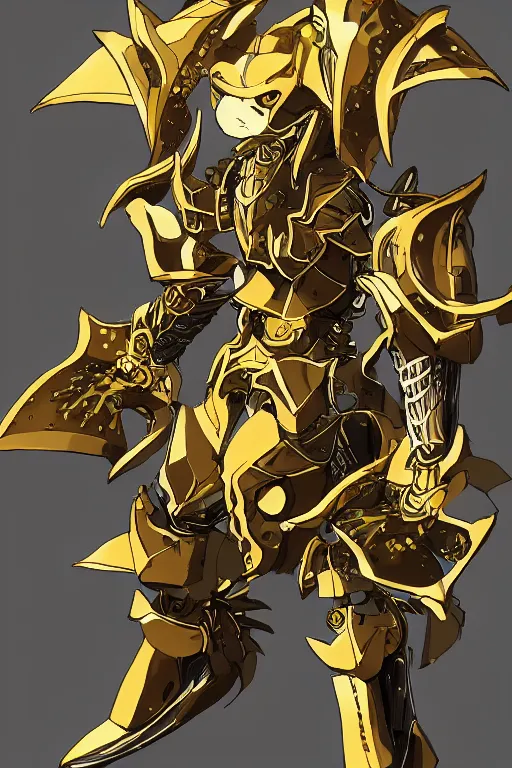 Prompt: an anime showing the new golden armor zodiac Knight by tatsuya Yoshikawa artist Rendering the frog constellation armor . Sharp focus, full of details, by utsurowazaru mono and jet set radio , ,concept art, trending on artstation and cell shading